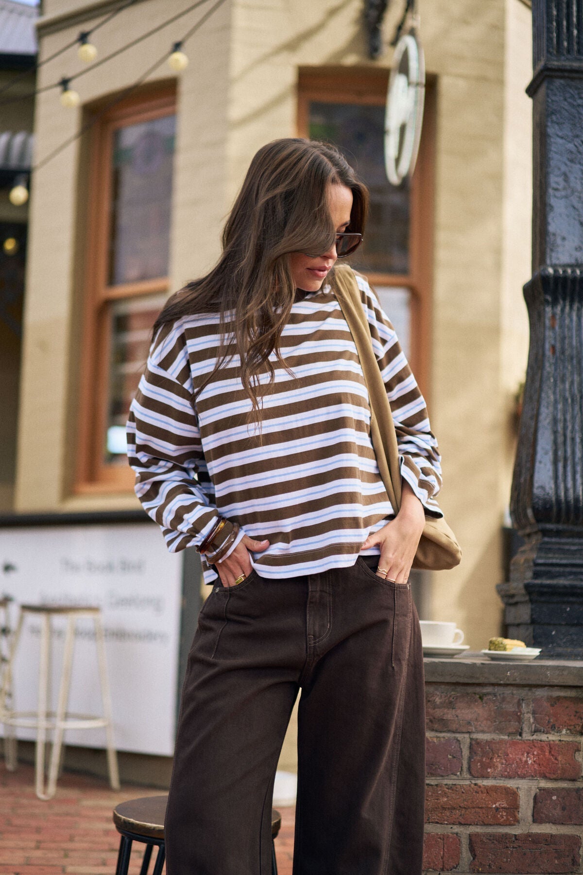 Buy Ceres - Beau Long Sleeve Slouchy Tee - cocoa sky blue stripe by Ceres Life - at Hamish + Grace