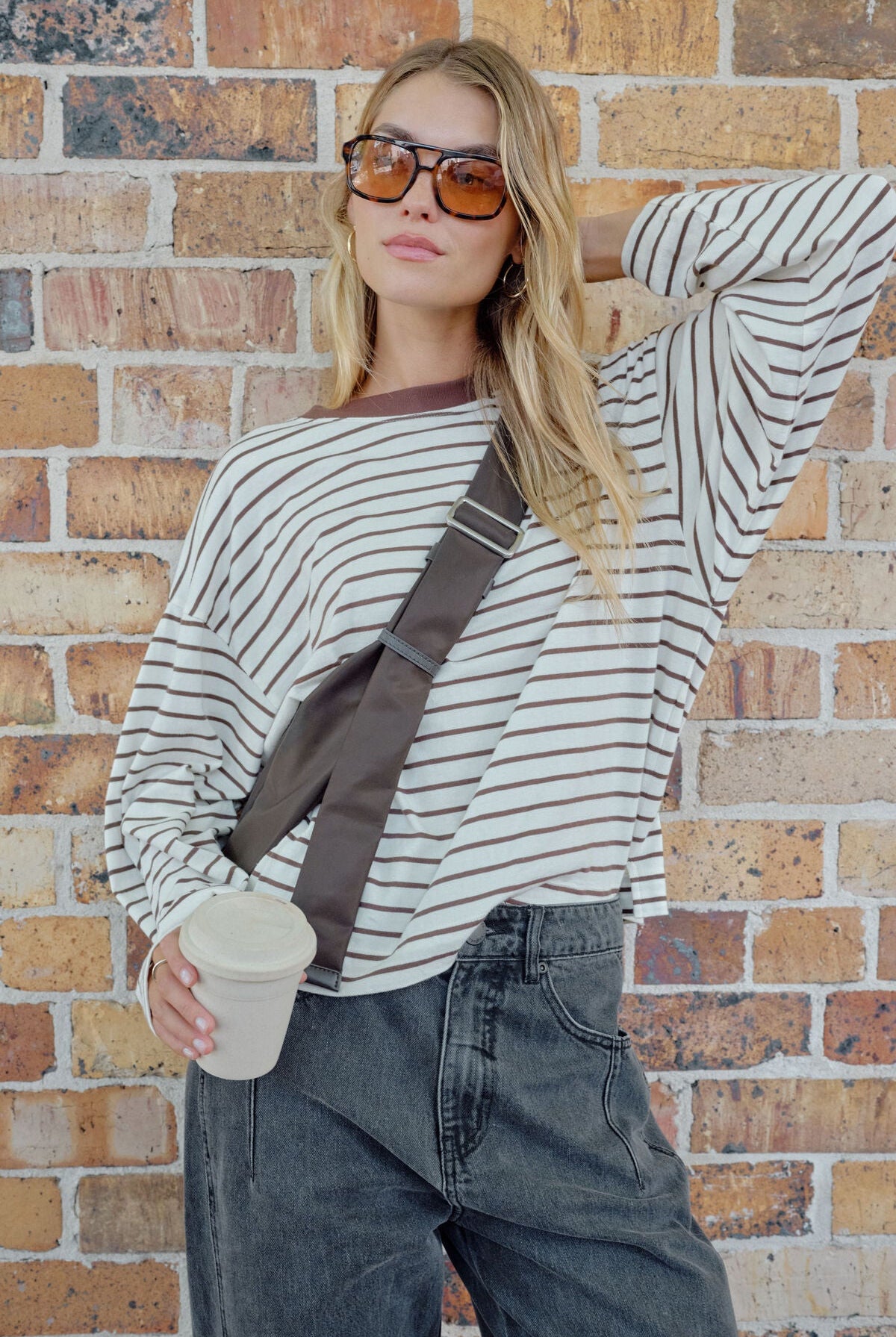 Buy Ceres - Beau Long Sleeve Slouchy Tee - Milk/Brunette Stripe by Ceres Life - at Hamish + Grace