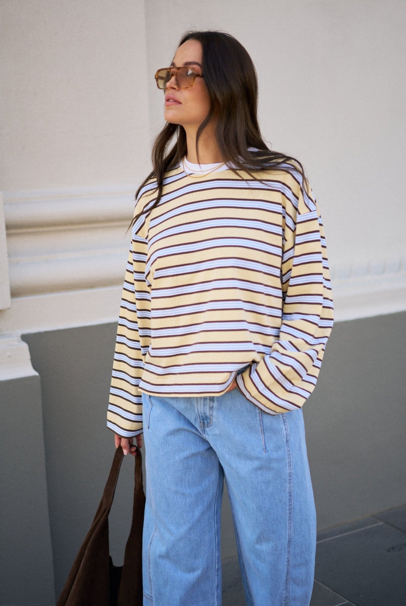 Buy Ceres - Beau Long Sleeve Slouchy Tee - new butter brunette stripe by Ceres Life - at Hamish + Grace