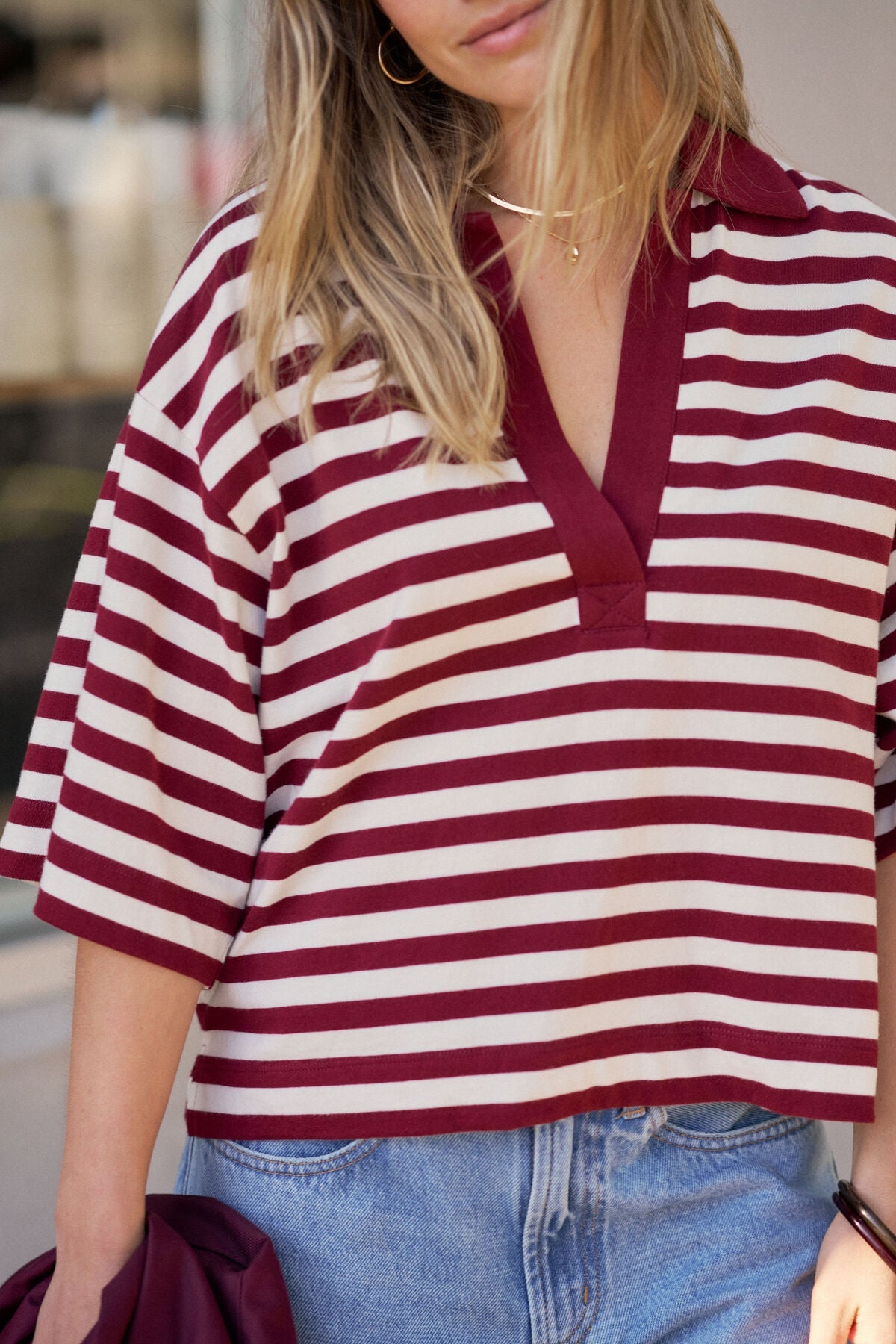 Buy Ceres Life - Arlie Short Sleeve Rugby - burgundy/milk stripe by Ceres Life - at Hamish + Grace