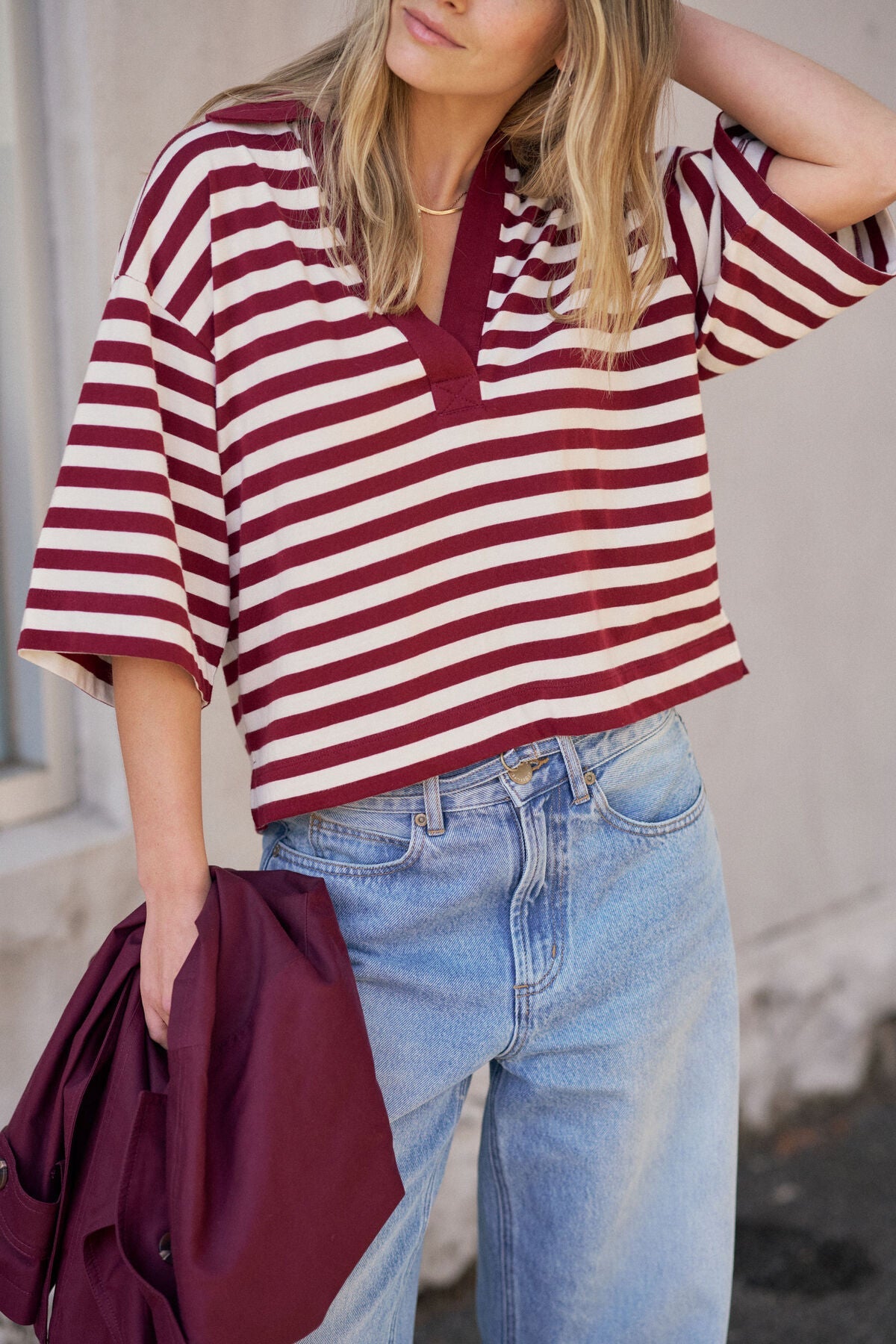 Buy Ceres Life - Arlie Short Sleeve Rugby - burgundy/milk stripe by Ceres Life - at Hamish + Grace