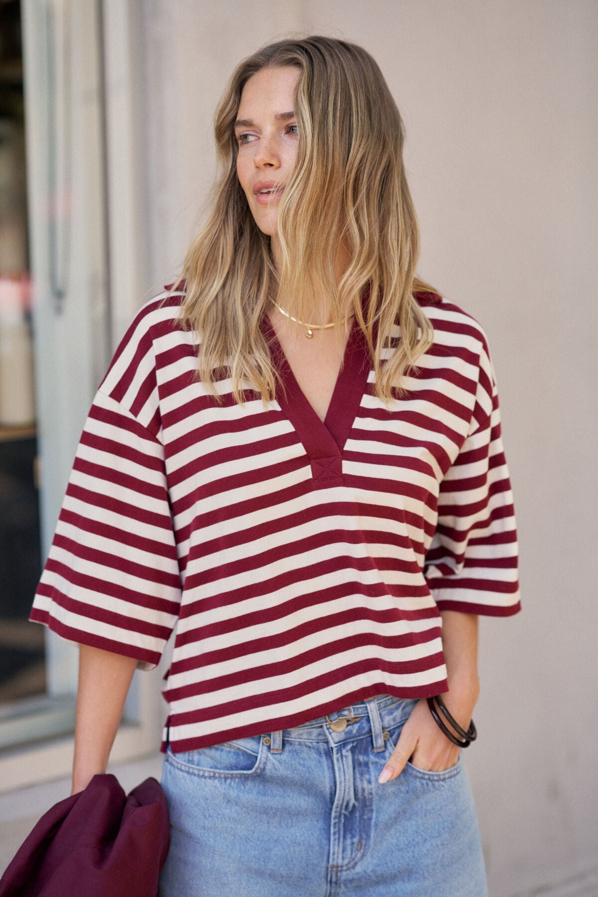 Buy Ceres Life - Arlie Short Sleeve Rugby - burgundy/milk stripe by Ceres Life - at Hamish + Grace