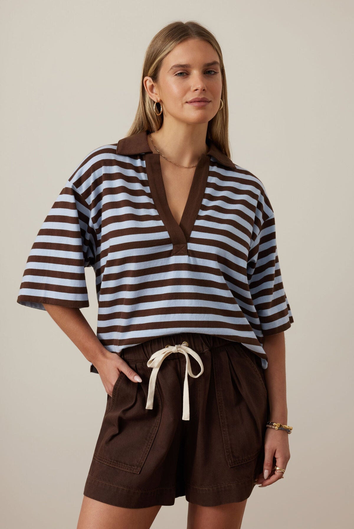 Buy Ceres Life - Arlie Short Sleeve Rugby - Chocolate/Chalk by Ceres Life - at Hamish + Grace