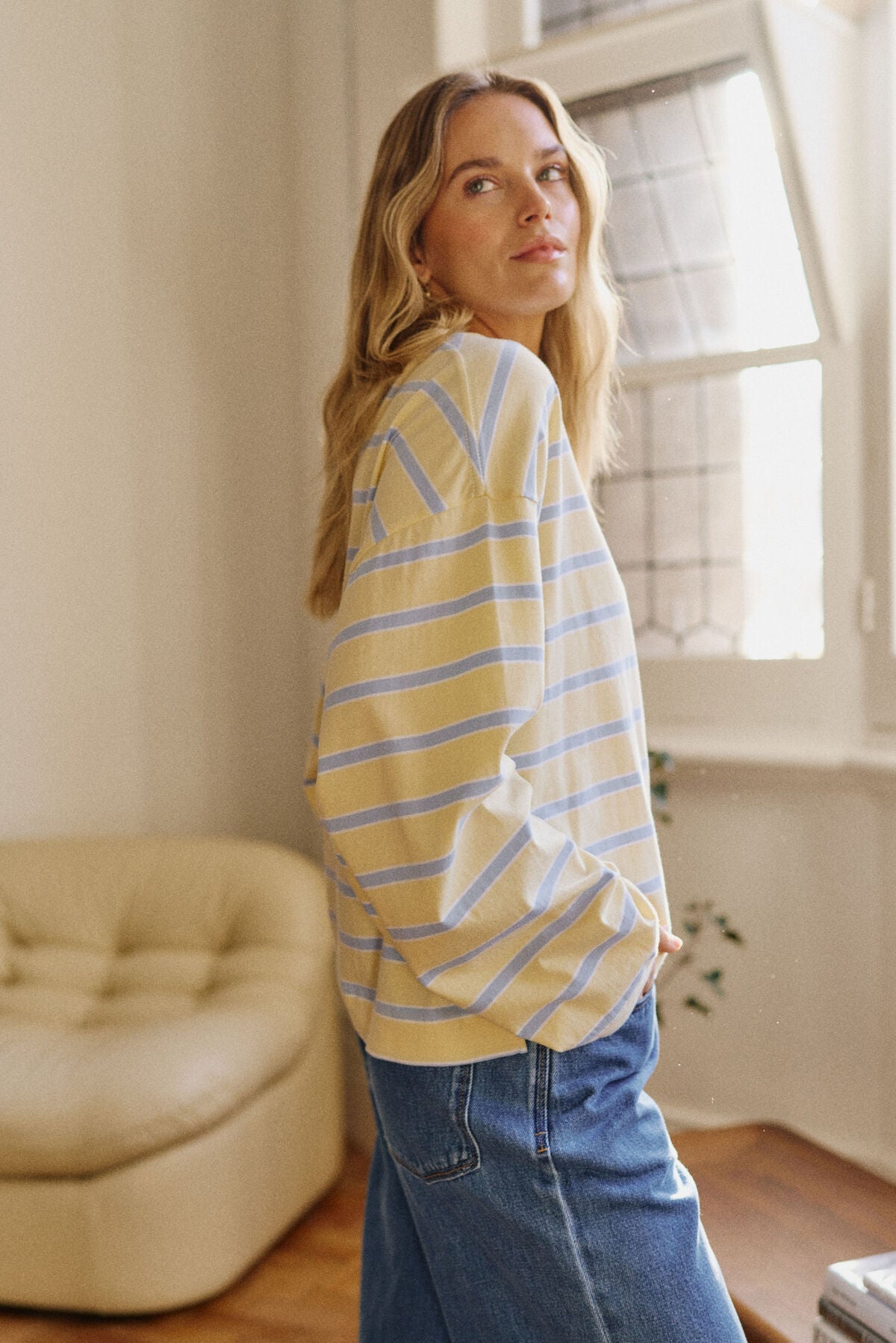 Buy Ceres Life - Beau Long Sleeve Slouchy Tee - butter/china blue stripe by Ceres Life - at Hamish + Grace