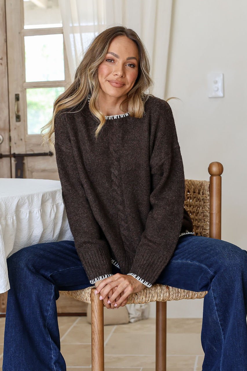 Buy Miss Marlow - Wool Blend Cable Front Blanket Stitch - Chocolate by Miss Marlow - at Hamish + Grace