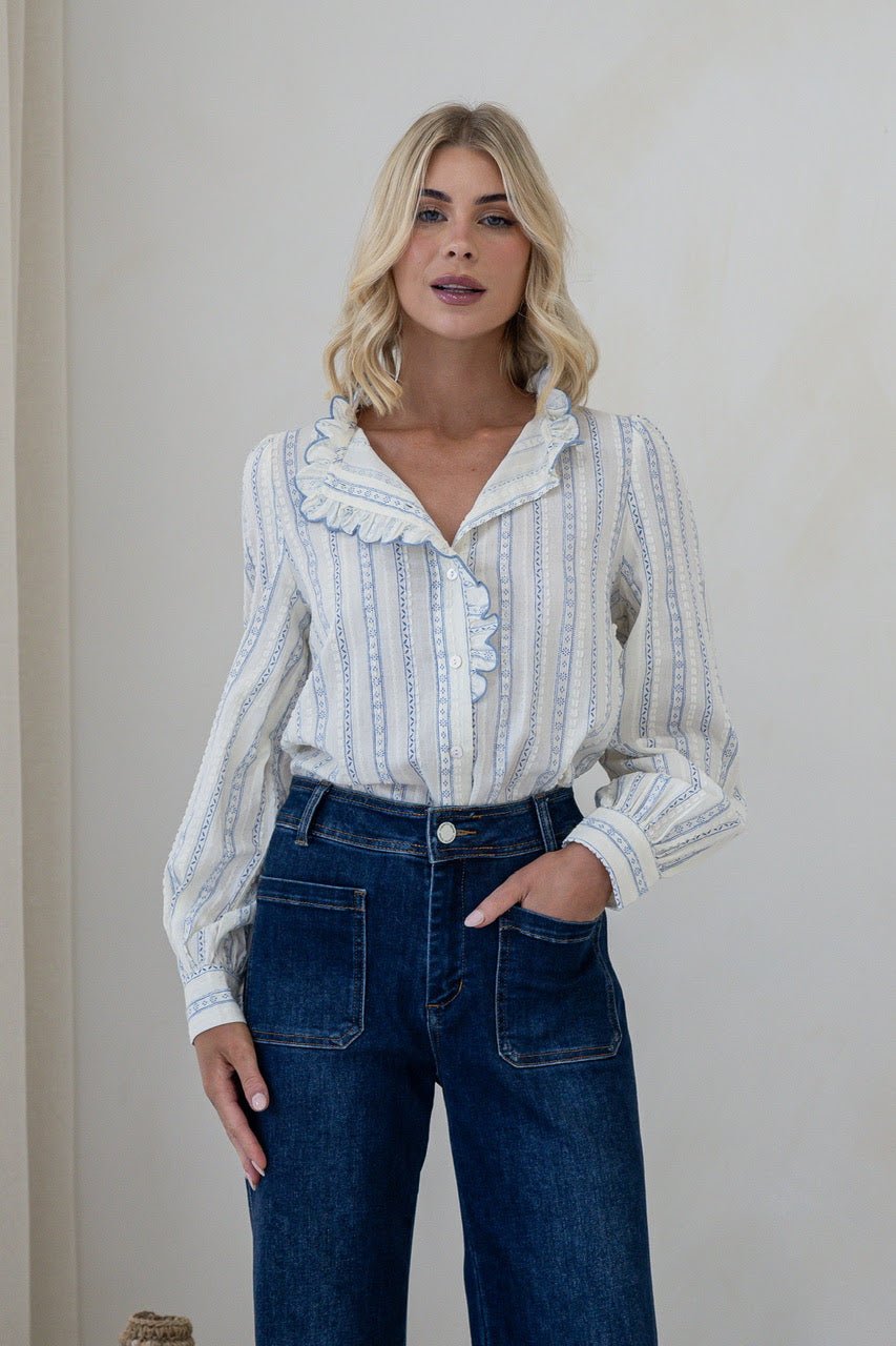 Buy Smaibulin - Cotton Stripe Ruffle Trim Blouse - Blue/White by Smaibulin - at Hamish + Grace