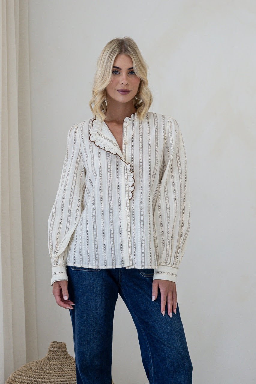 Buy Smaibulin - Cotton Stripe Ruffle Trim Blouse - Choc/White by Smaibulin - at Hamish + Grace