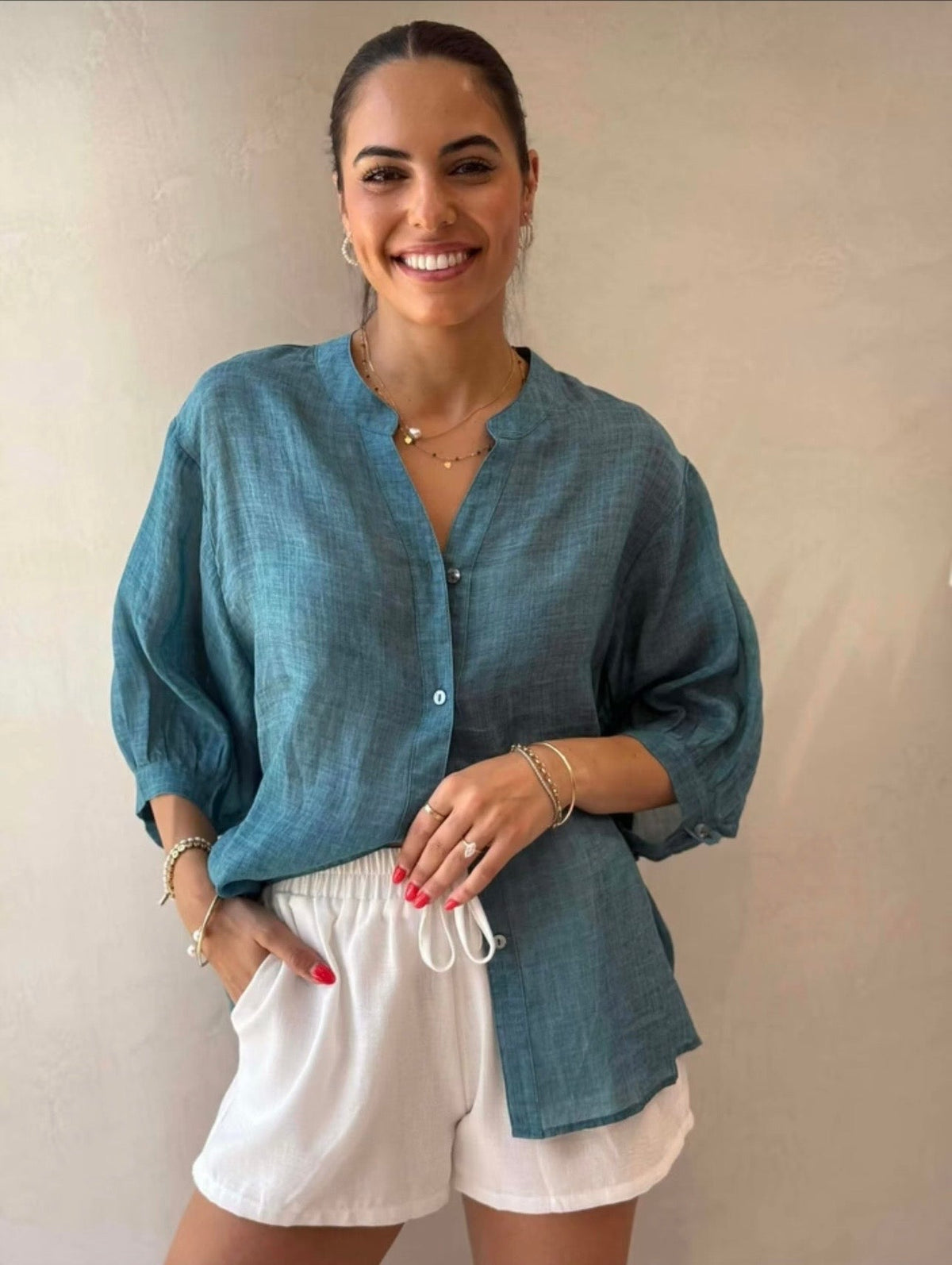 Buy Worthier The Label - Button Back Linen Shirt - Teal by Worthier - at Hamish + Grace