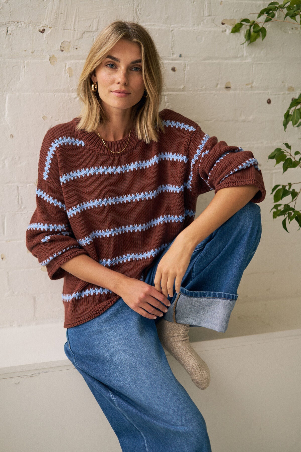 Buy Ceres Life - Lila Oversized Knit Crew - burnt toffee stripe by Ceres Life - at Hamish + Grace