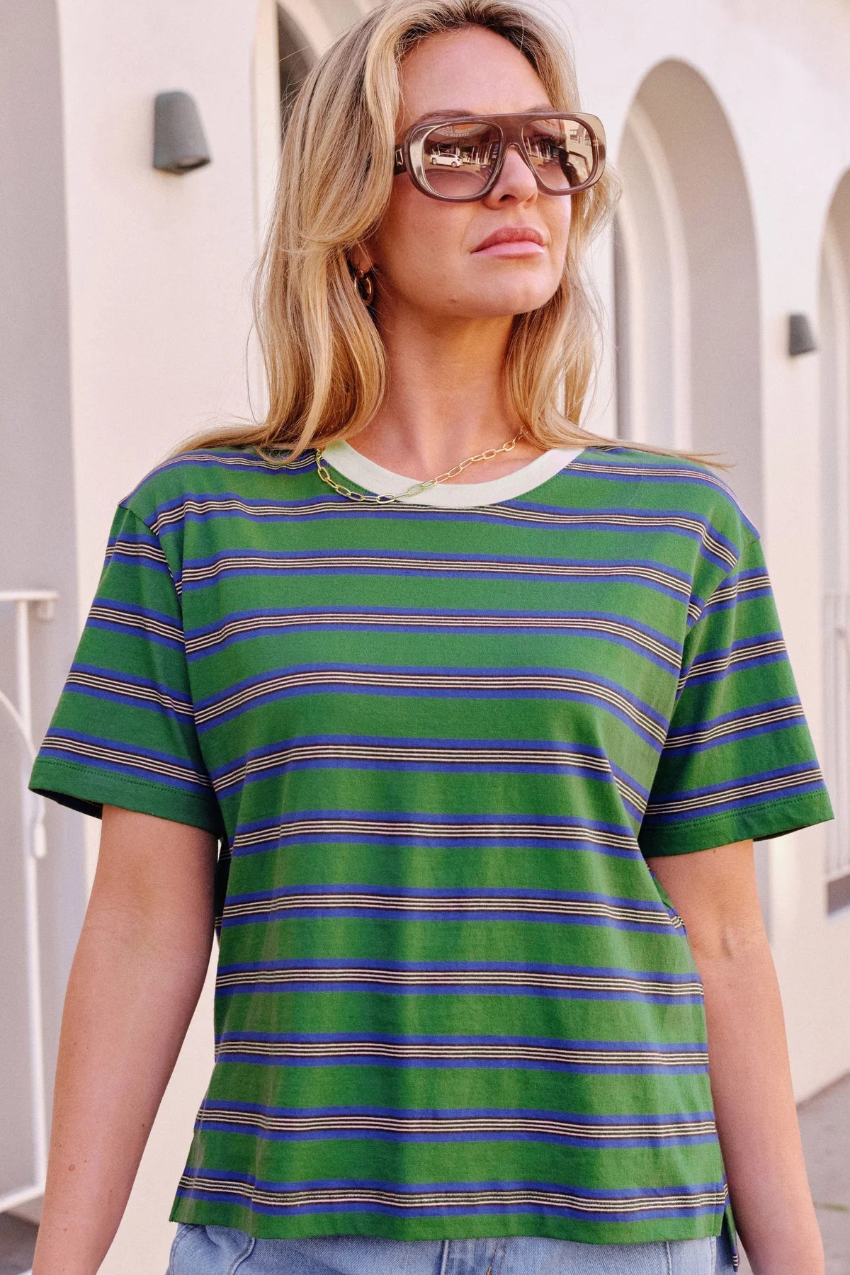 Buy Ceres Life - Stevie Slouchy Tee -basil/blue stripe by Ceres Life - at Hamish + Grace