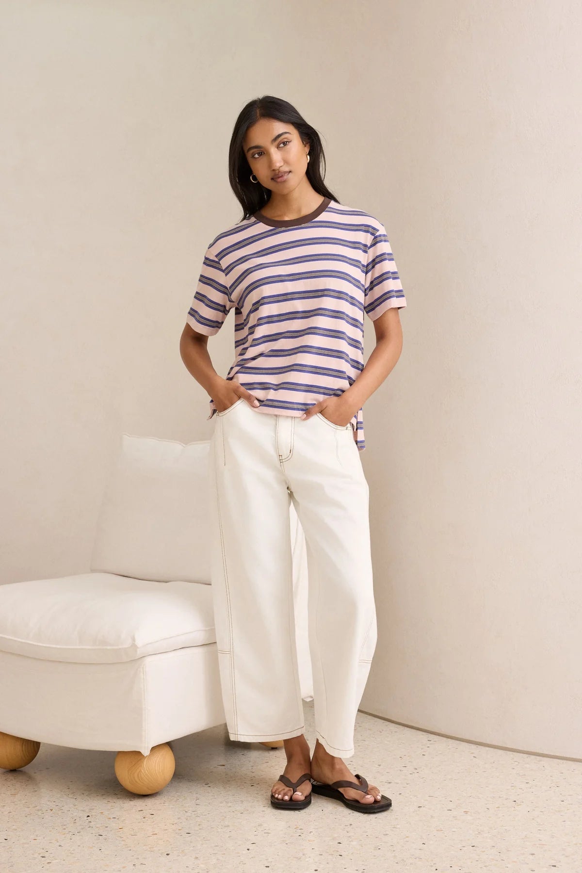 Buy Ceres Life - Stevie Slouchy Tee - chalk pink/polo blue/choc stripe by Ceres Life - at Hamish + Grace