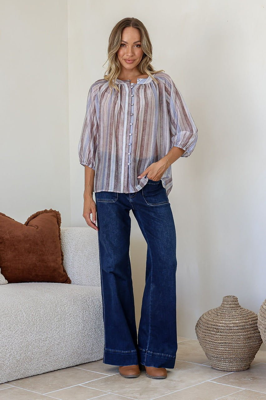 Buy Linen/Tencel Malta Top - Blue/Choc by 132 Fashion - at Hamish + Grace