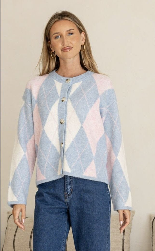 Buy Miss Marlow - Argyle Cardi - Powder Blue/Pink by Miss Marlow - at Hamish + Grace