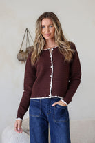 Buy Miss Marlow - Cotton Blend Blanket Stitch Detail Cardi - Chocolate/White by Miss Marlow - at Hamish + Grace
