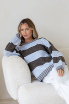 Buy Miss Marlow - Macy Contrast Stitch Knit - Chocolate Blue Stripe by Miss Marlow - at Hamish + Grace