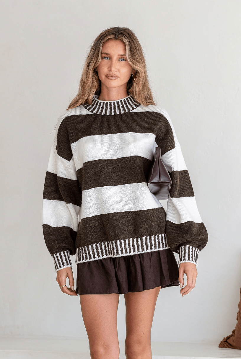 Buy Miss Marlow - Tilly Contrast Stitch - Large Chocolate Stripe by Miss Marlow - at Hamish + Grace