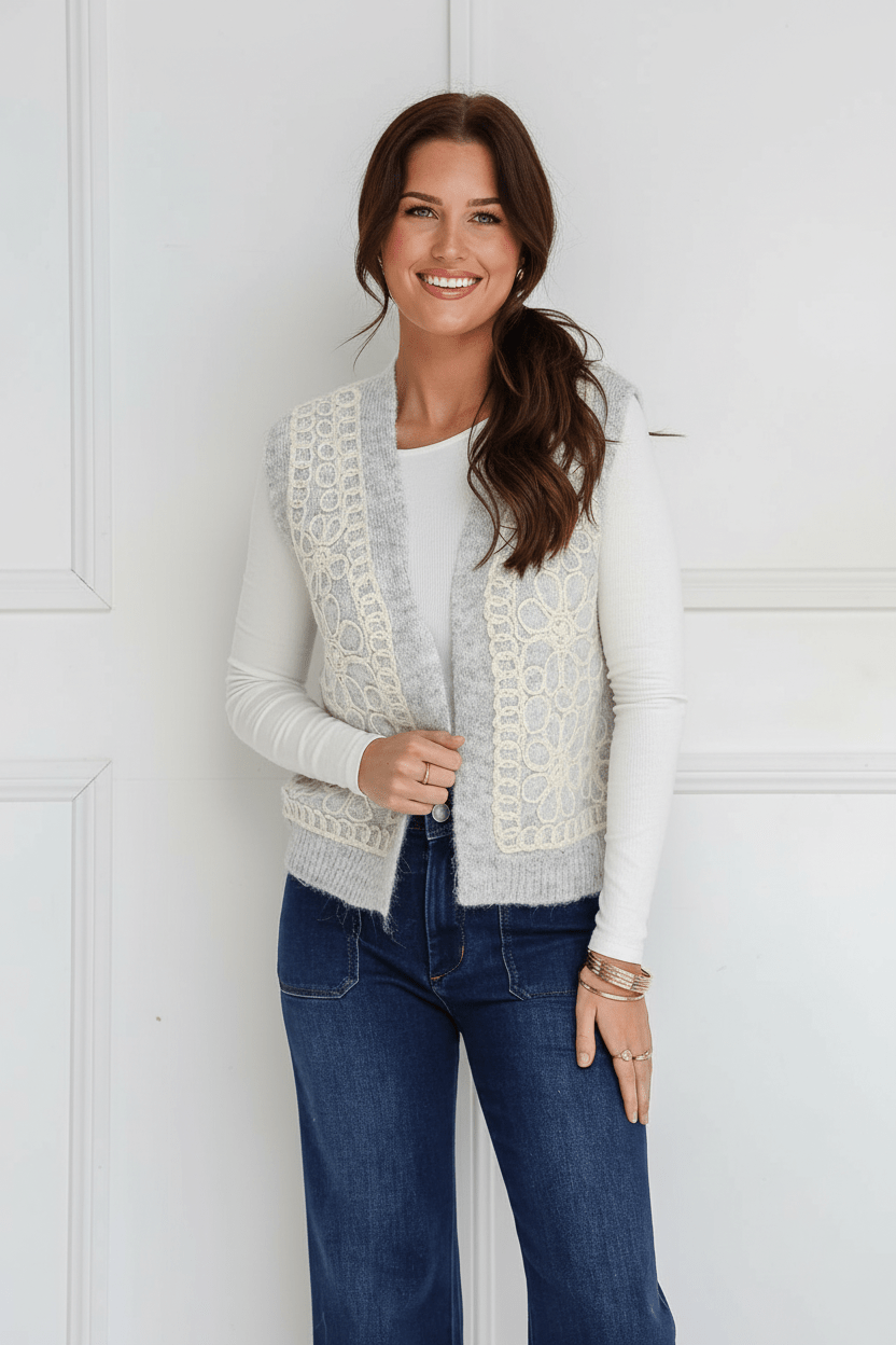 Buy Miss Marlow - Wool Blend Crochet Front Vest - Soft Grey/Natural by Miss Marlow - at Hamish + Grace