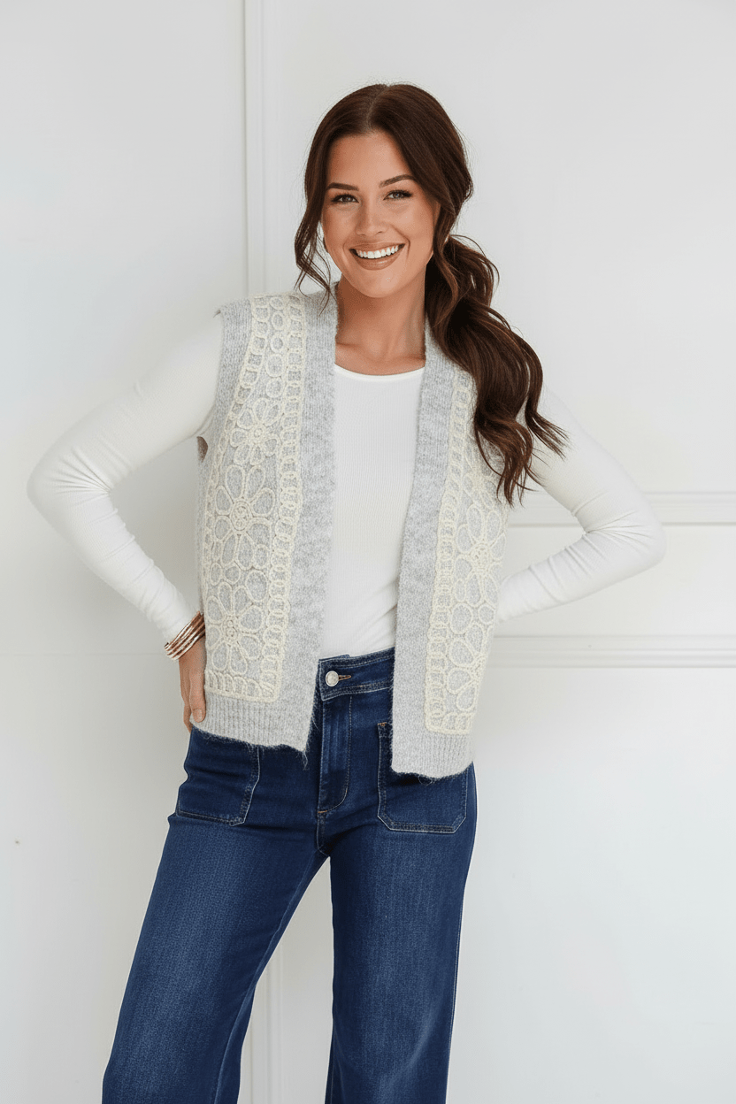 Buy Miss Marlow - Wool Blend Crochet Front Vest - Soft Grey/Natural by Miss Marlow - at Hamish + Grace