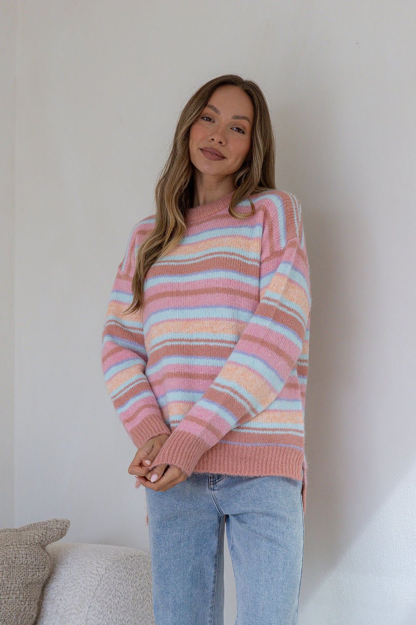 Buy Miss Marlow - Wool Blend June Sunday Stripe Fluffy Knit - Salmon/Pink/Tan by Miss Marlow - at Hamish + Grace