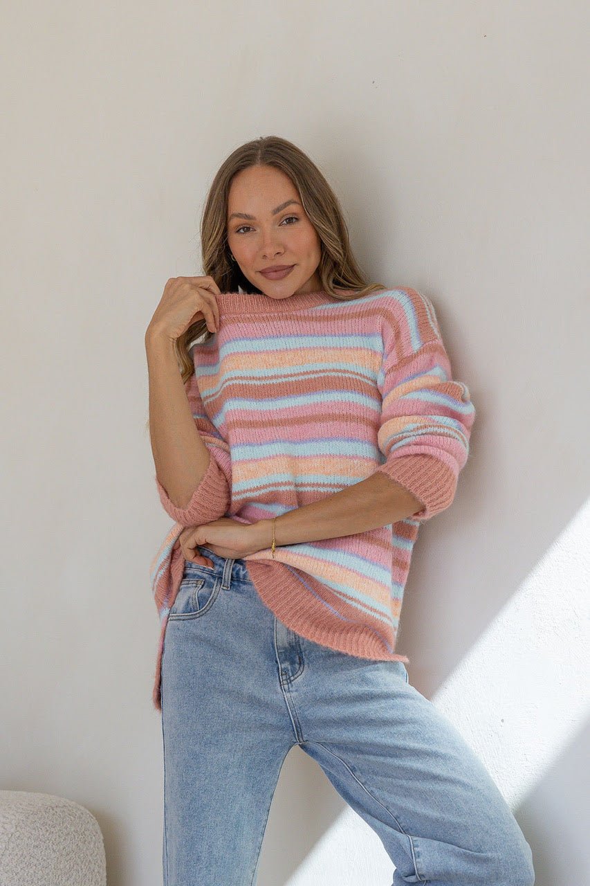 Buy Miss Marlow - Wool Blend June Sunday Stripe Fluffy Knit - Salmon/Pink/Tan by Miss Marlow - at Hamish + Grace