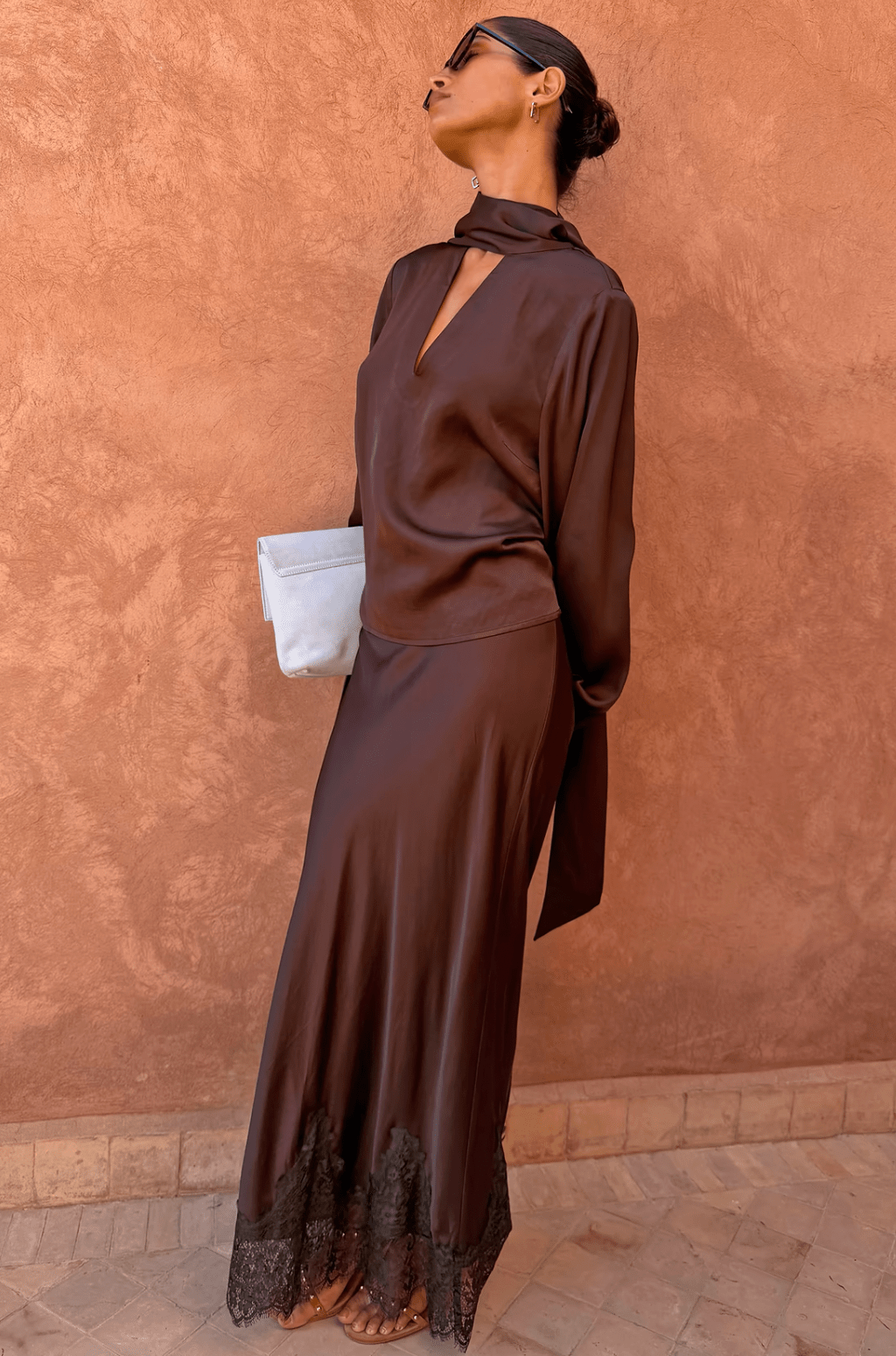 Buy Never Fully Dressed - Chocolate Tie Neck Blouse by Never Fully Dressed - at Hamish + Grace