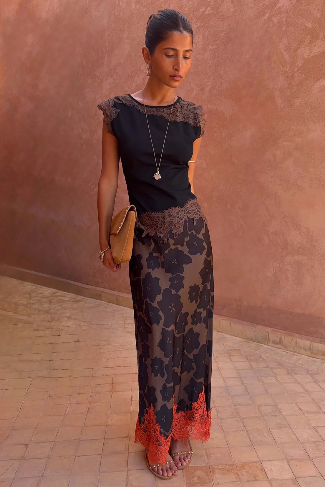 Buy Never Fully Dressed - Tan Jaden Floral Midi Meava Skirt by Never Fully Dressed - at Hamish + Grace
