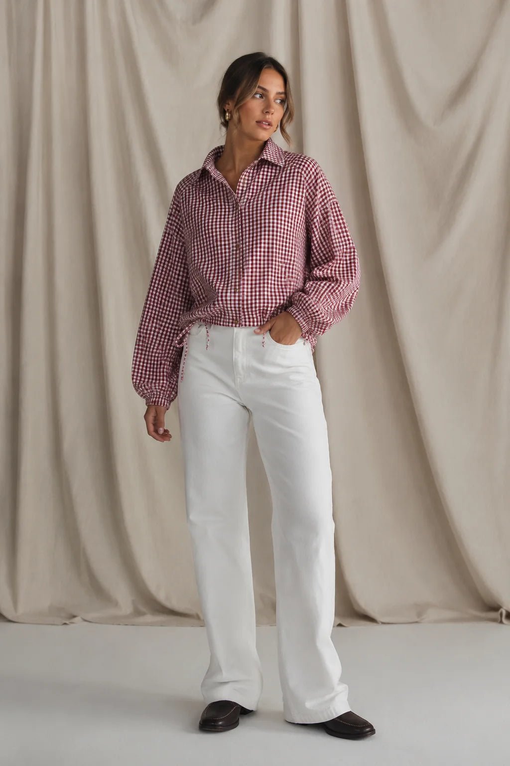 Buy Smaibulin - Button-Through Drawstring Gingham Jacket - Red/White by Smaibulin - at Hamish + Grace