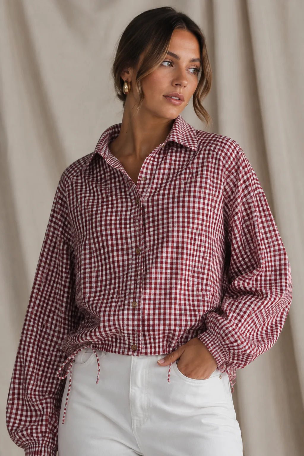 Buy Smaibulin - Button-Through Drawstring Gingham Jacket - Red/White by Smaibulin - at Hamish + Grace