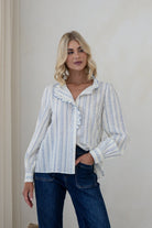 Buy Smaibulin - Cotton Stripe Ruffle Trim Blouse - Blue/White by Smaibulin - at Hamish + Grace