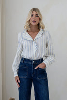 Buy Smaibulin - Cotton Stripe Ruffle Trim Blouse - Blue/White by Smaibulin - at Hamish + Grace