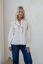 Buy Smaibulin - Cotton Stripe Ruffle Trim Blouse - Choc/White by Smaibulin - at Hamish + Grace