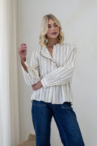 Buy Smaibulin - Cotton Stripe Ruffle Trim Blouse - Choc/White by Smaibulin - at Hamish + Grace