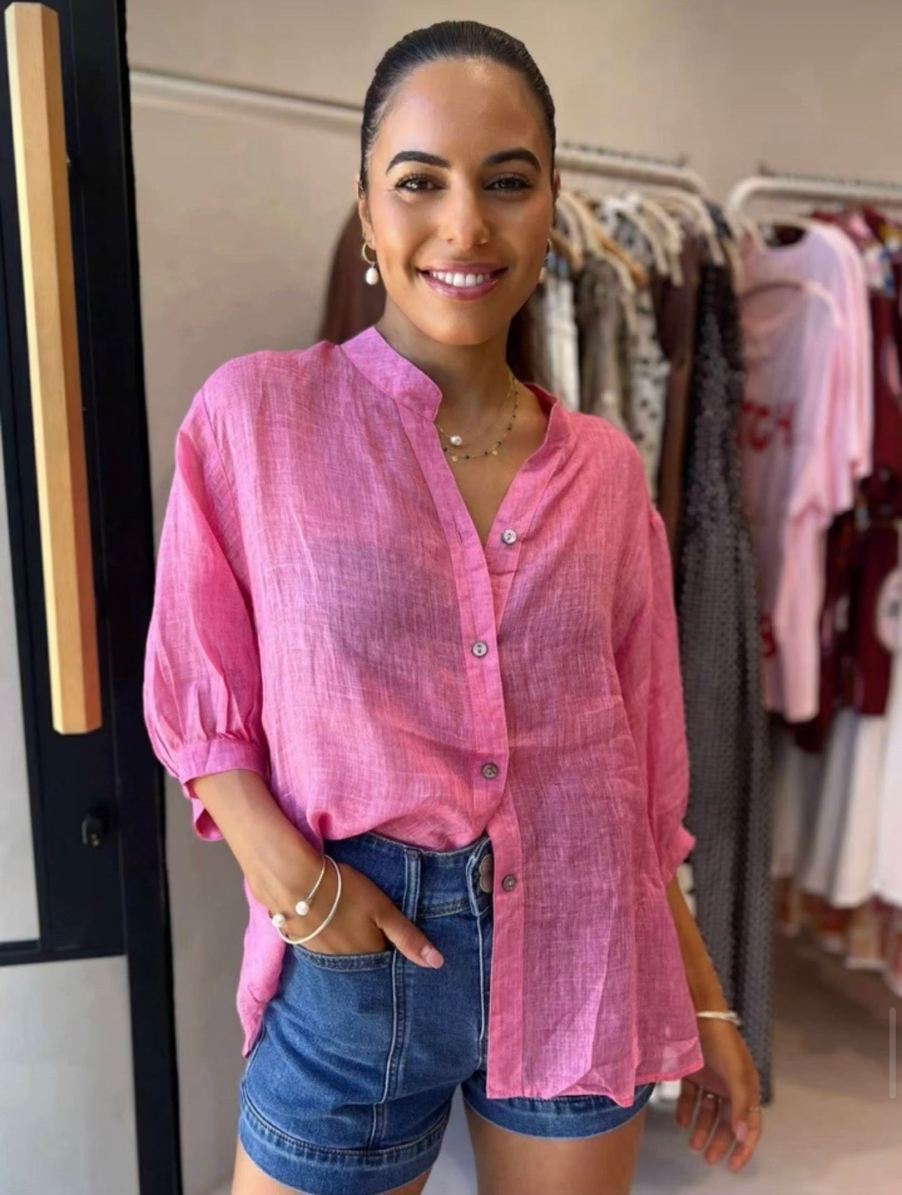 Buy Worthier The Label - Button Back Linen Shirt - Hot Pink by Worthier - at Hamish + Grace