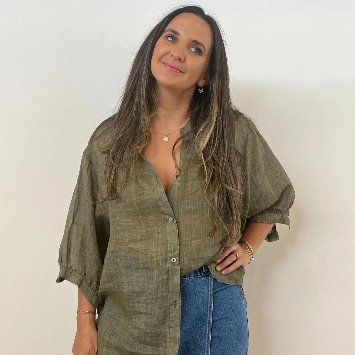 Buy Worthier The Label - Button Back Linen Shirt - Olive by Worthier - at Hamish + Grace
