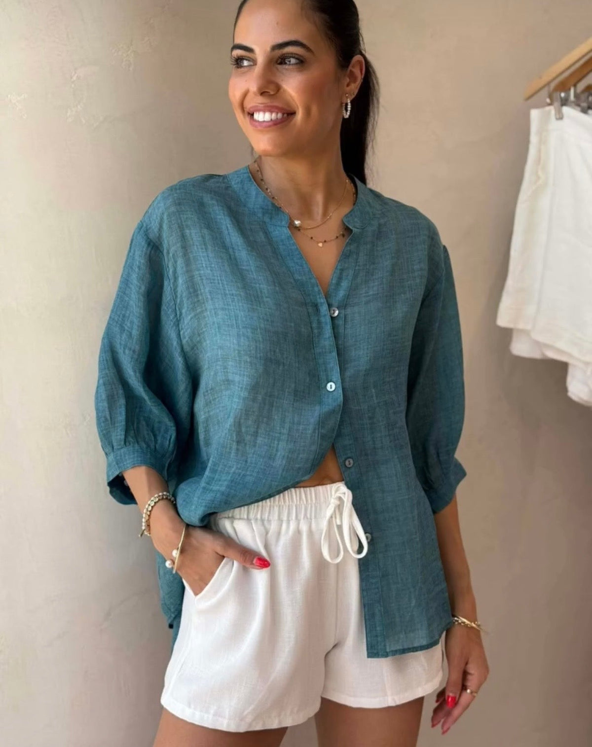 Buy Worthier The Label - Button Back Linen Shirt - Teal by Worthier - at Hamish + Grace